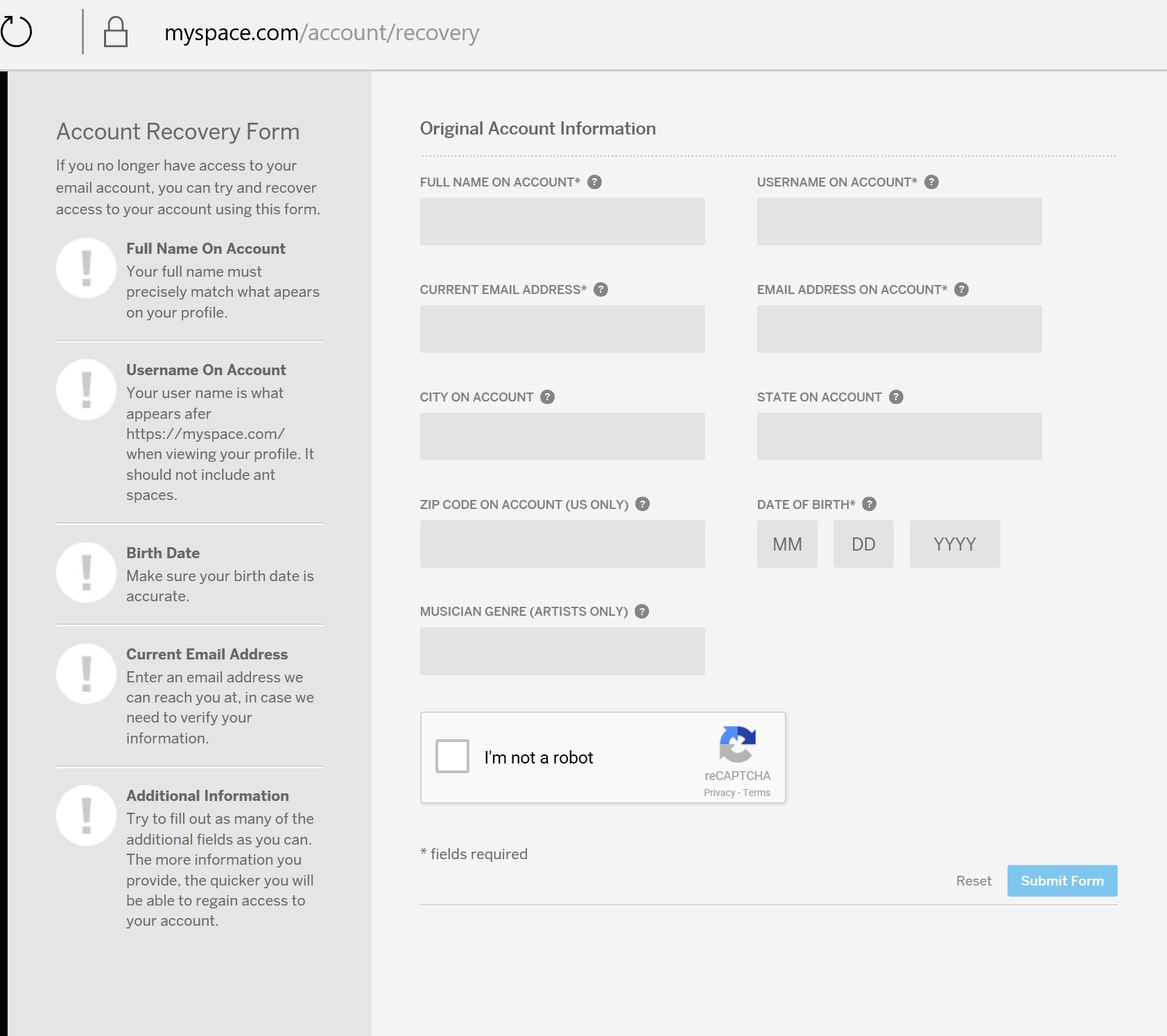 image of account recovery form